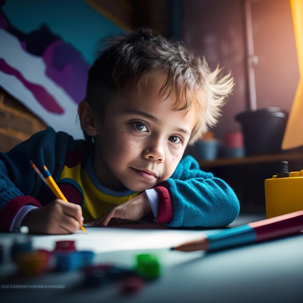 A boy is drawing with a pencil and a yellow lamp on the table.