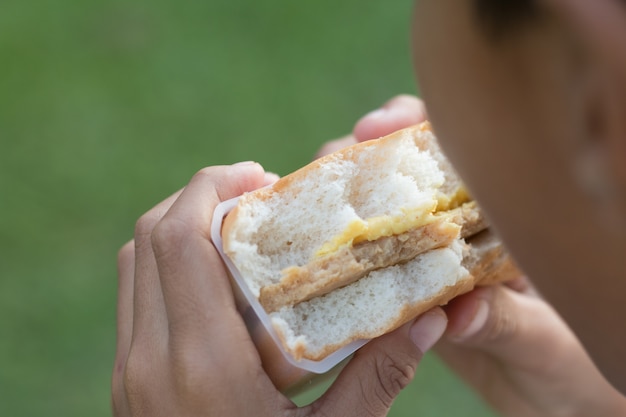 少年は緑のフィールドの背景、ピクニックの概念とハンバーガーを食べている