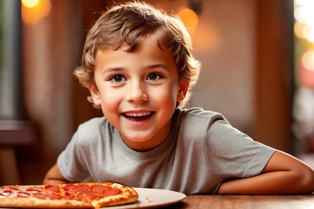 The boy is eating pizza in restaurant or pizzeria