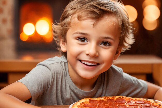 その少年はレストランやピザ屋でピザを食べている