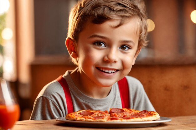 The boy is eating pizza in restaurant or pizzeria