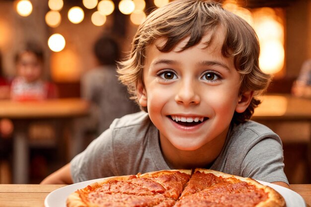 The boy is eating pizza in restaurant or pizzeria