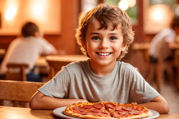 The boy is eating pizza in restaurant or pizzeria