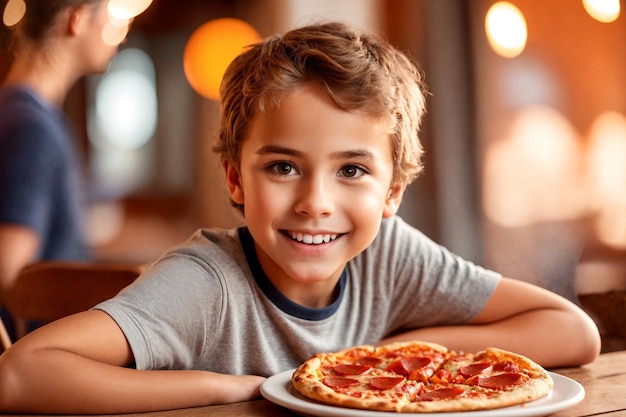 The boy is eating pizza in restaurant or pizzeria