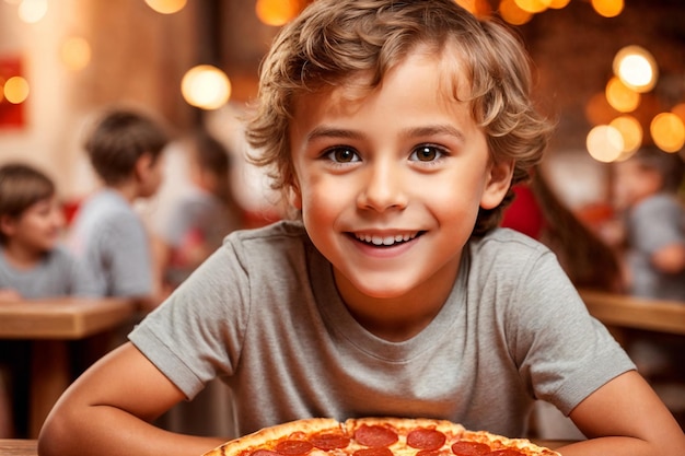 The boy is eating pizza in restaurant or pizzeria