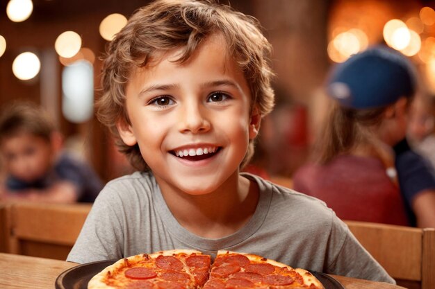 소년은 레스토랑이나 피자 가게에서 피자를 먹고 있습니다.
