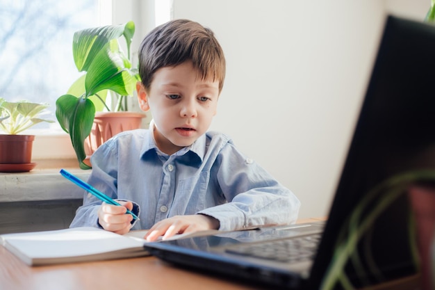 The boy is engaged in online education Online training Home schooling A laptop Child and technology An article about the choice of education for a child