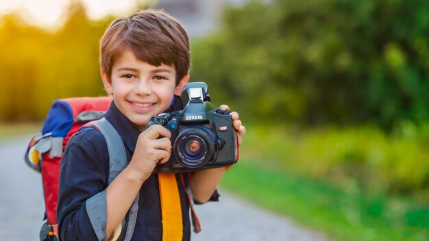 男の子がカメラを持って笑顔で