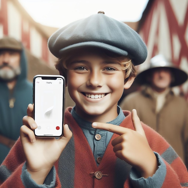 a boy is holding a phone and pointing at the camera