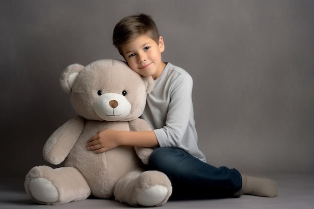 a boy is holding a teddy bear and smiling