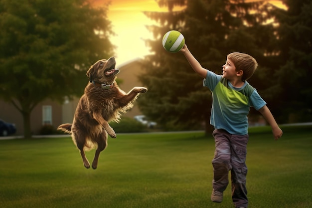 A boy is jumping and playing with his dog during sunrise