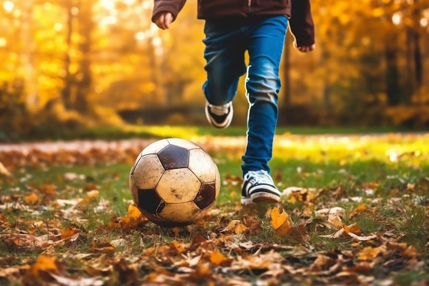 A boy is kicking a soccer ball in a field with fall leaves.