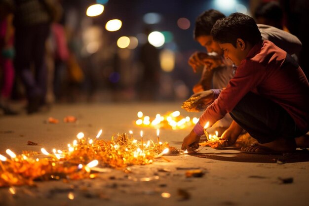 Photo a boy is kneeling down with a bunch of candles in the middle of the street