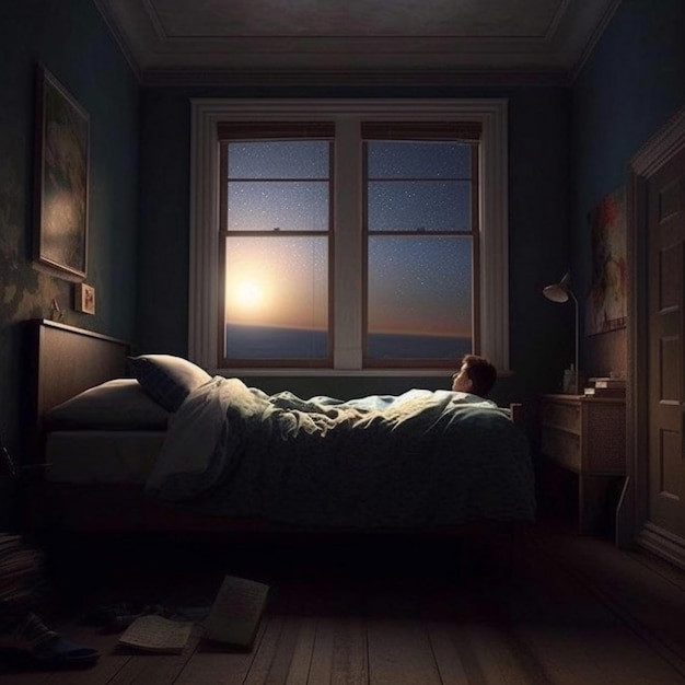 A boy is laying in a dark room with a window that says " the sun is setting ".