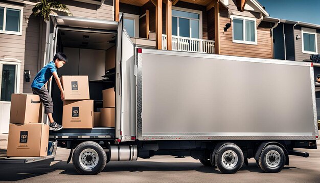 Photo a boy is loading household goods into a truck
