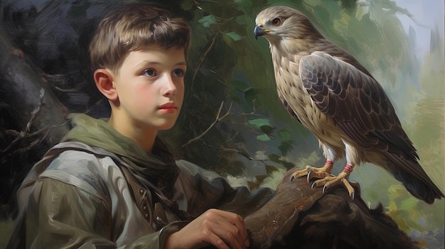 a boy is looking at a bird that is on a tree.