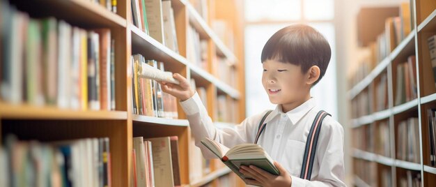 a boy is looking at a book in a library