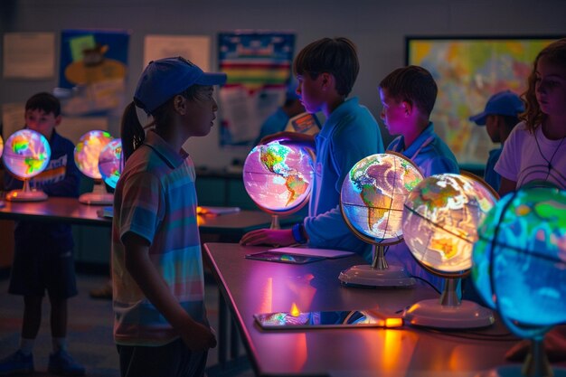 Photo a boy is looking at a globe that is lit up