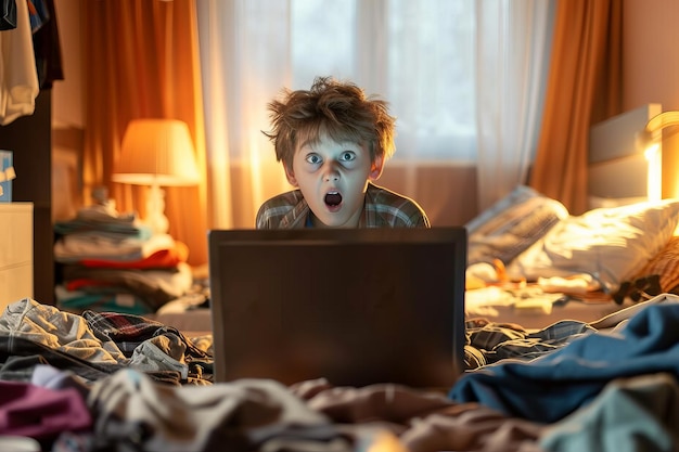 한 소년이 망진창한 방에서 노트북을 보고 있다.