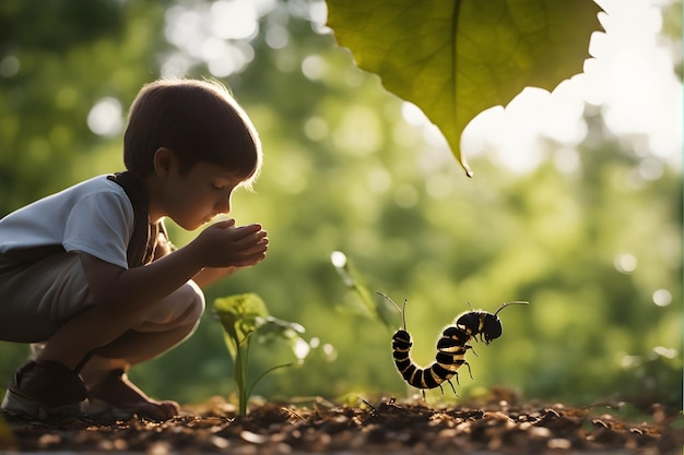 a boy is looking at an insect