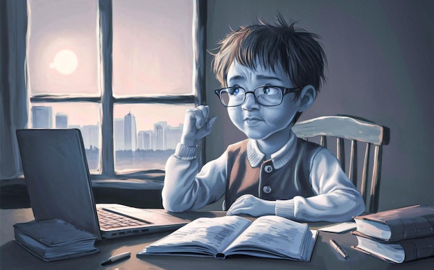 мальчик смотрит на ноутбук и имеет рисунок мальчика с очками на нем