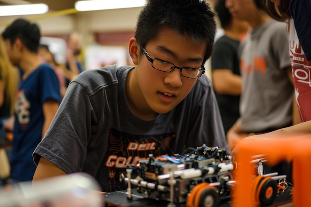 a boy is looking at a robot with the word farm on it