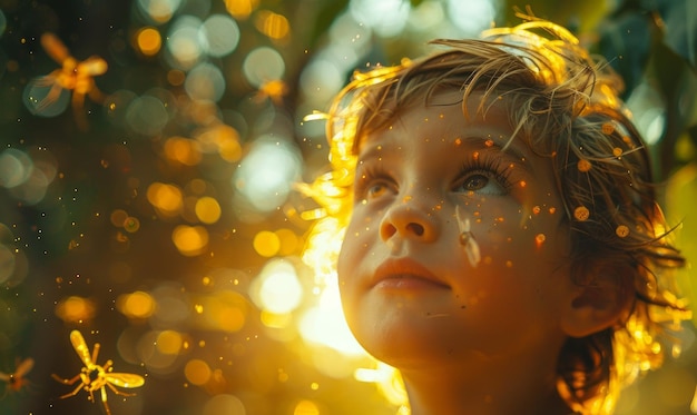 The boy is looking at the yellow butterflies