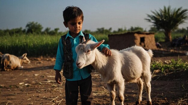 Photo a boy is petting a goat and a goat