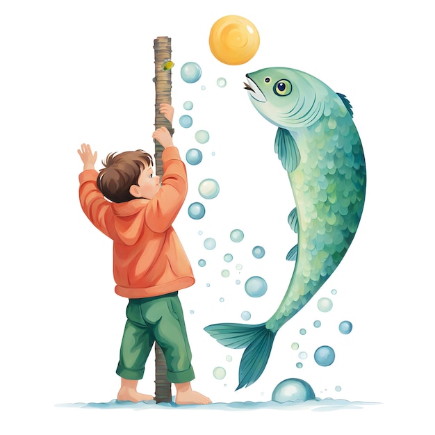 a boy is playing with a fish that has the word fish on it