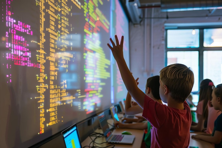 Photo a boy is raising his hand in front of a computer screen with a lot of code on it