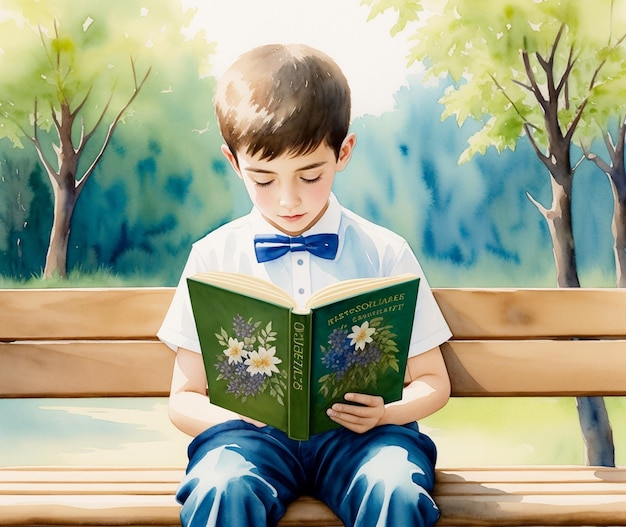A boy is reading a book by a park bench