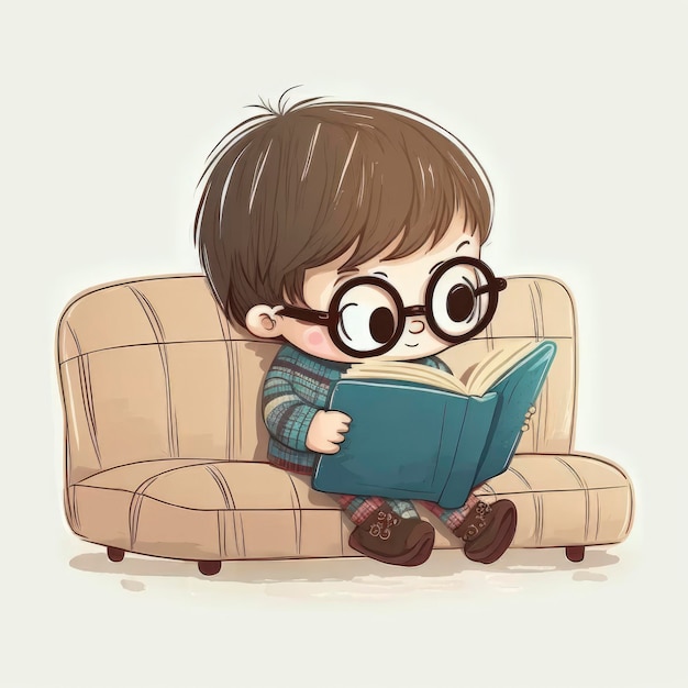 A boy is reading a book on a couch.