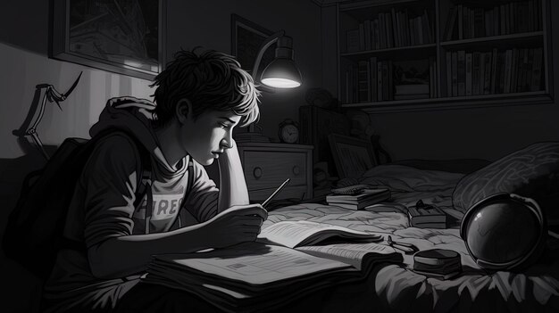 a boy is reading a book in a dark room