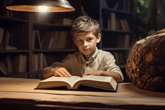 Мальчик читает книгу в темной комнате.