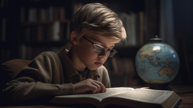 A boy is reading a book in a dark room