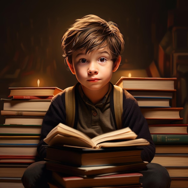 A boy is reading a book a pile of books behind him AI generated Image