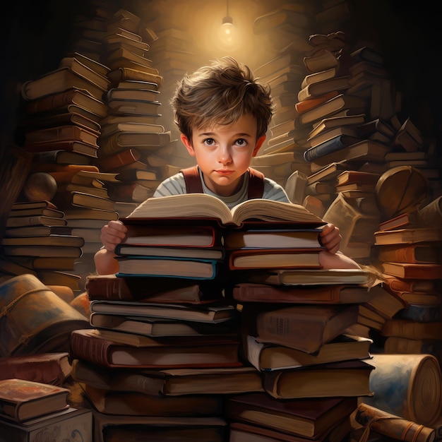 A boy is reading a book a pile of books behind him AI generated Image