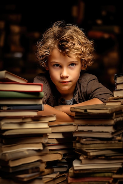 A boy is reading a book a pile of books behind him AI generated Image