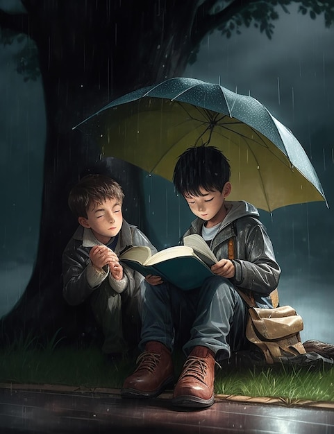 A boy is reading a book under a tree in the rain