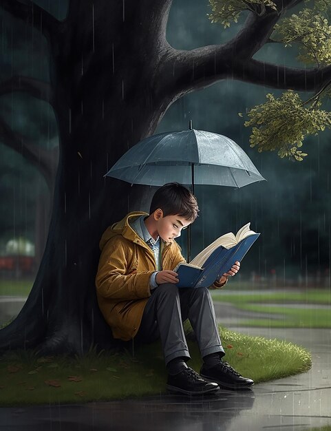 A boy is reading a book under a tree in the rain