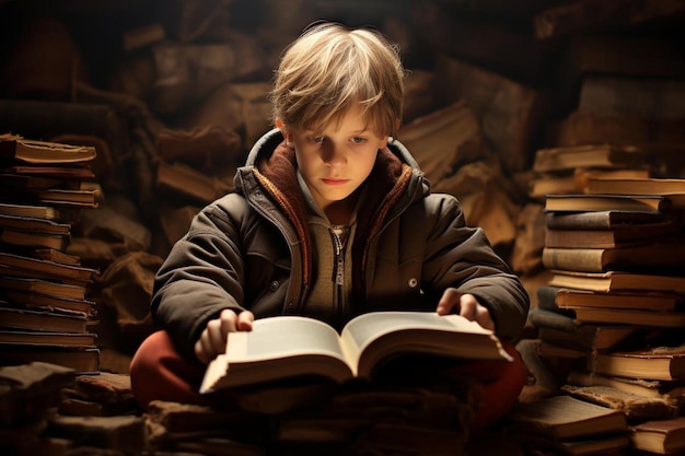 A boy is reading a book with a book in the background.