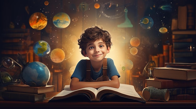 a boy is reading a book with a book titled a world of stars