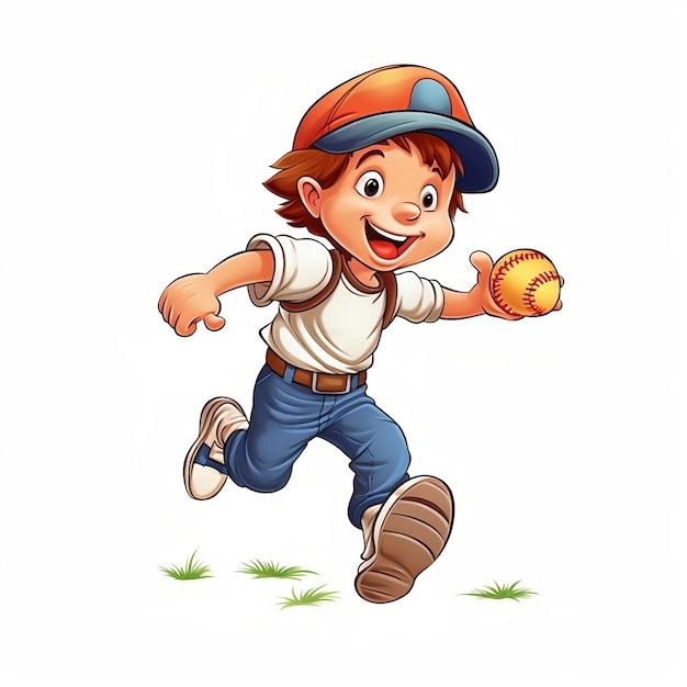 A boy is running with a baseball in his hand.