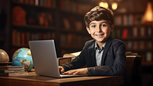 A boy is seen studying diligently using his laptop