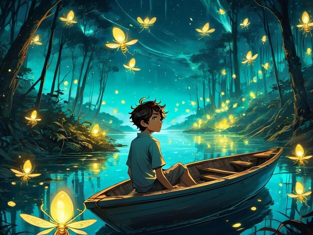 Photo a boy is sitting in a boat on the water dream scenery art among wonderful golden fireflies