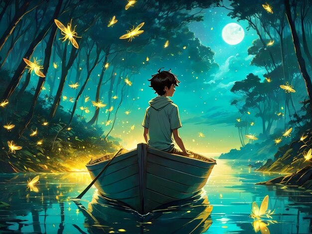 a boy is sitting in a boat on the water dream scenery art among wonderful golden fireflies