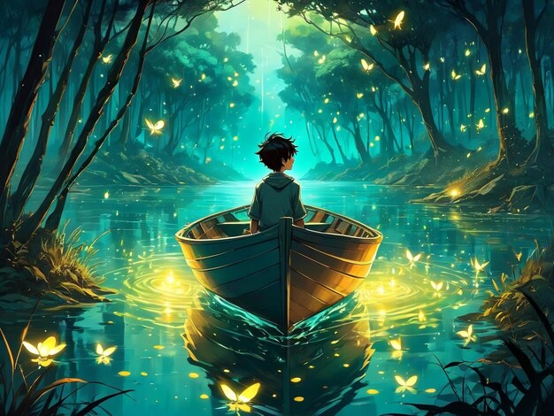 a boy is sitting in a boat on the water dream scenery art among wonderful golden fireflies