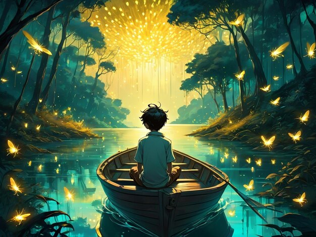 a boy is sitting in a boat on the water dream scenery art among wonderful golden fireflies