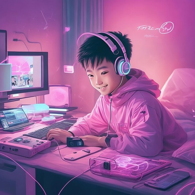 a boy is sitting at a desk with headphones on her head