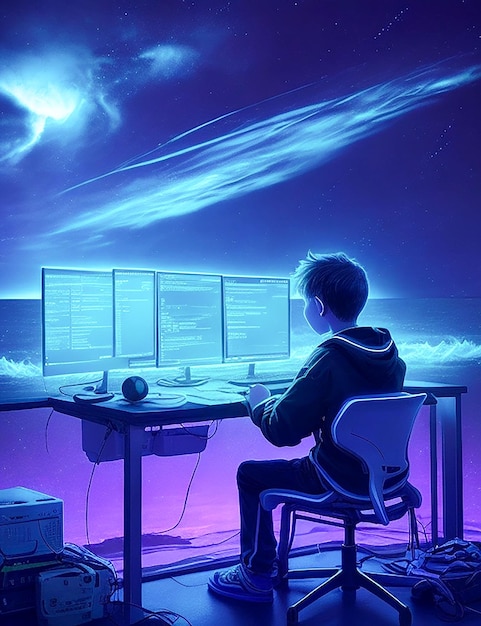 Photo a boy is sitting in front of the computer desk generate by ai